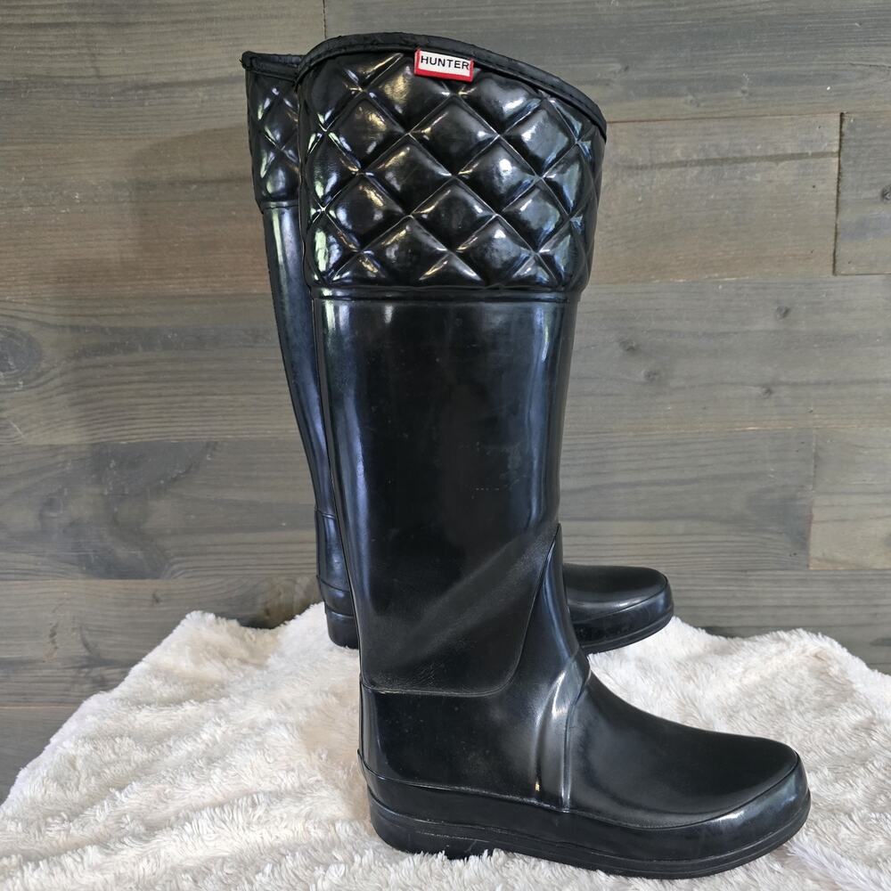 Hunter Rigley Gloss Black Quilted Tall Rain Boots Size 7 Women’s